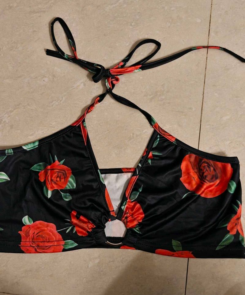 Black Rose Print Halter Top