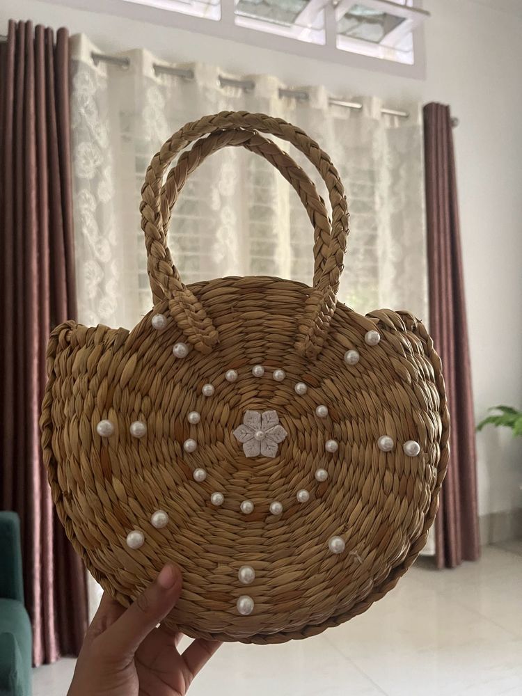Straw Round Bag with Pearl Embellishments