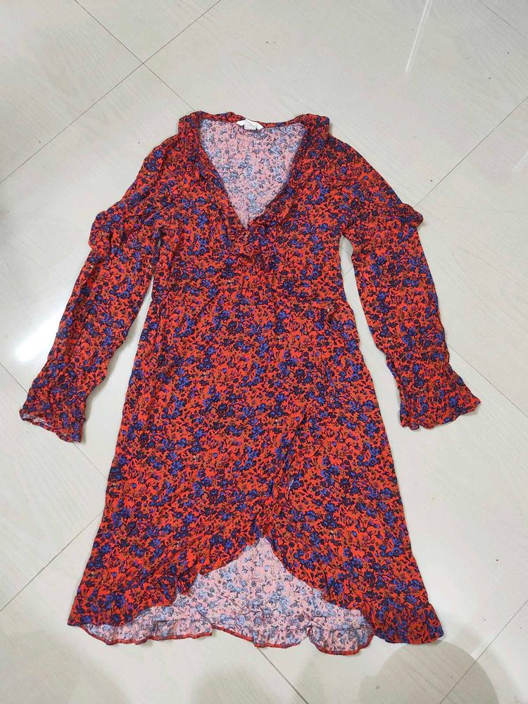 H&amp;M Red Floral Print Wrap Dress