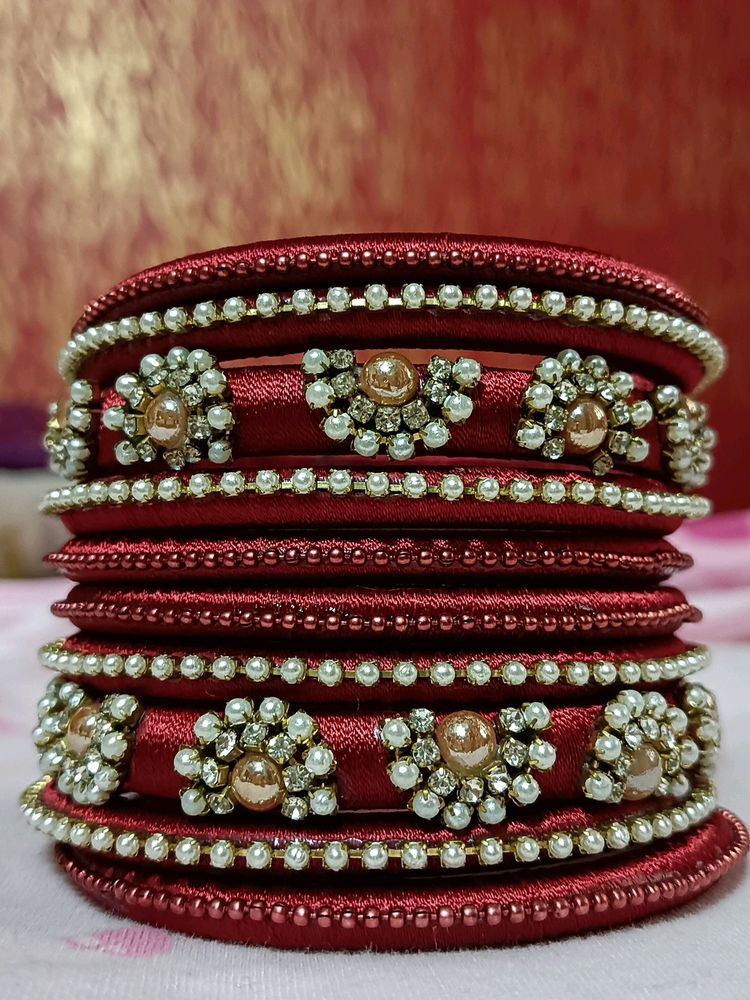 Maroon &amp; Pearl Embellished Bangles