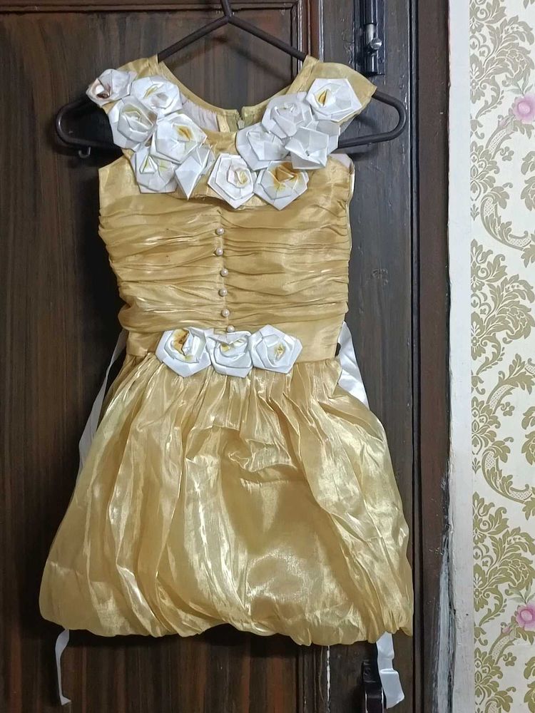 Gold Girls Dress with Floral Detail