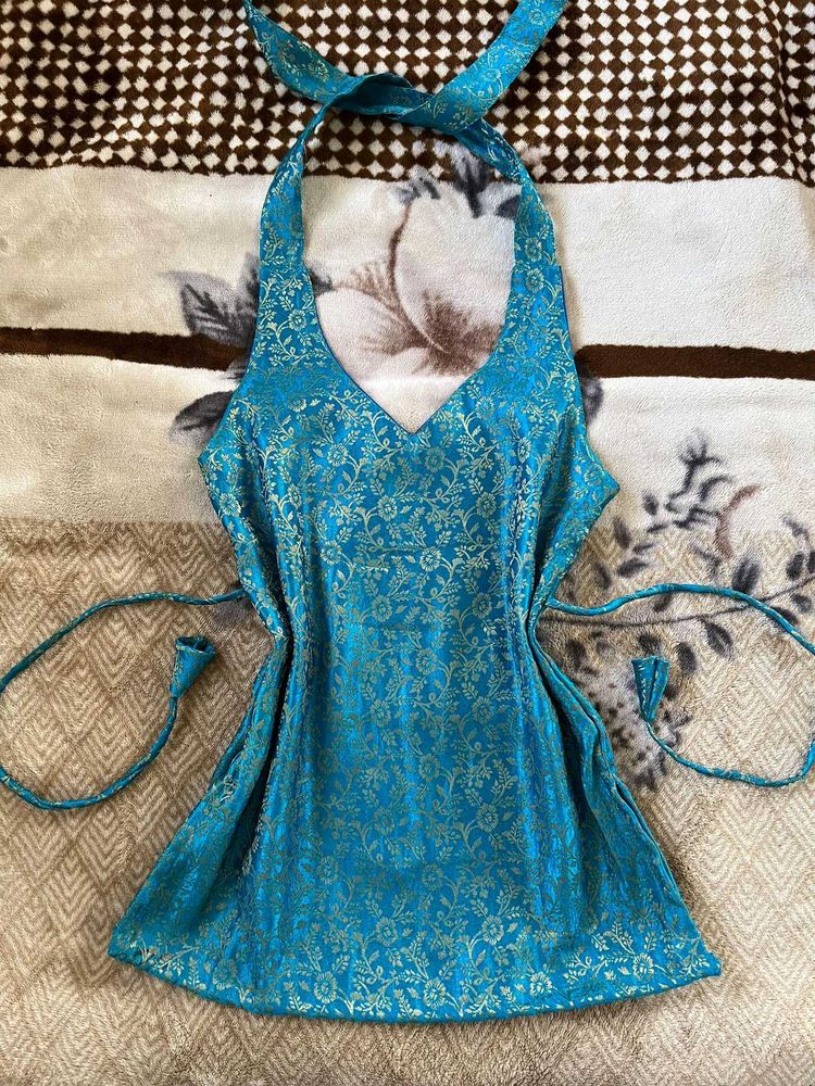 Royal Teal Brocade Halter Neck top