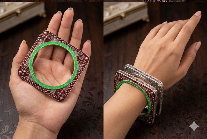 Exquisite Square Bangle with Green Accent