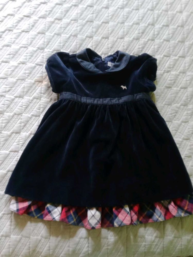 Navy Velvet Dress with Plaid Trim