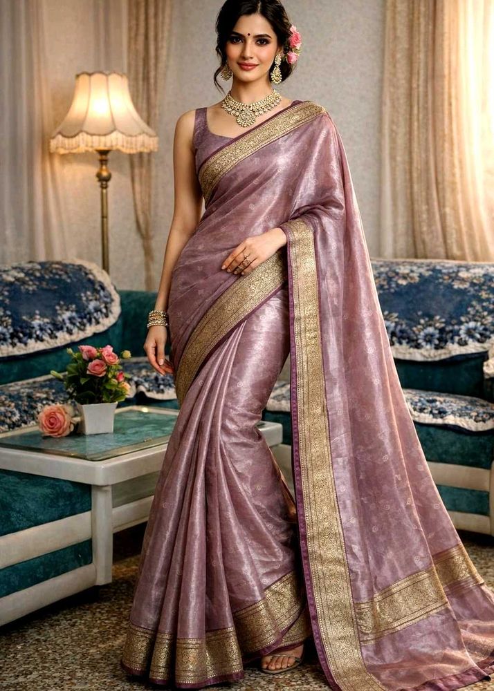 🌙Elegant Lilac Saree with Gold Border+ Blouse 🌙