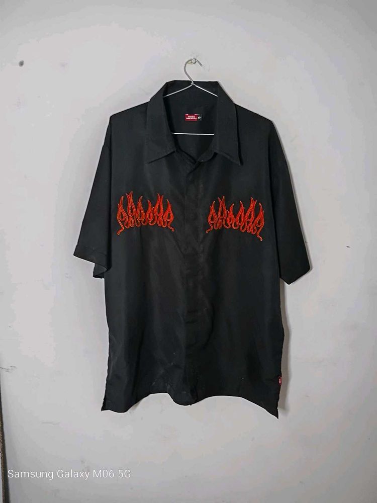 Black Flame Embroidered Short Sleeve Shirt