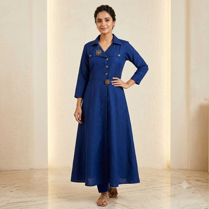 Elegant Blue Kurti with Stylish Buttons