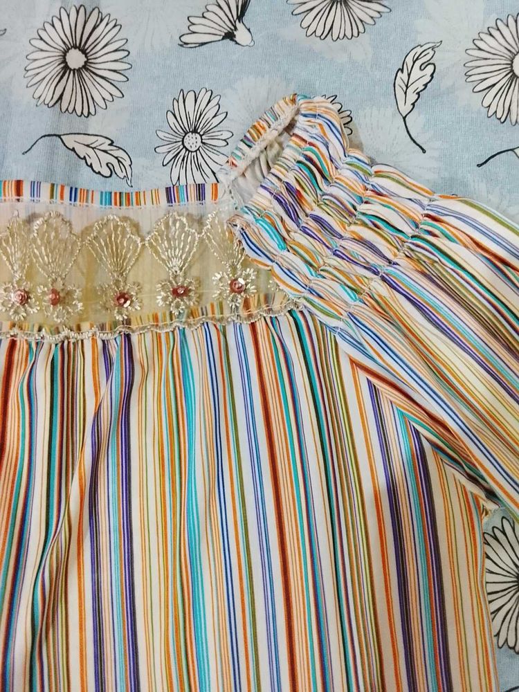 Bohemian Striped Blouse with Lace Detail