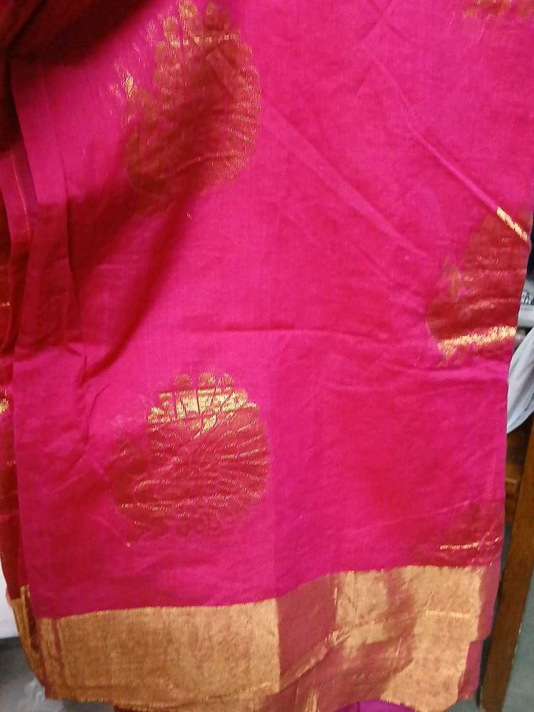 Chanderi Beautiful  Pink &amp; Gold Saree Fabric