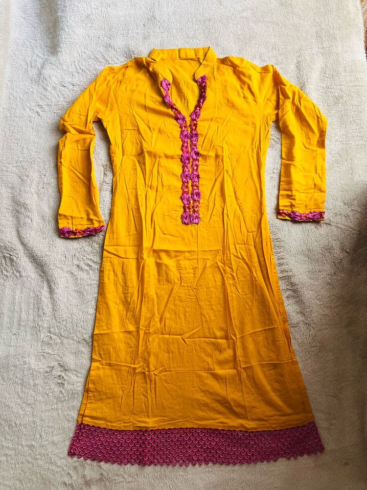 Vibrant Yellow Kurta with Pink Embroidery
