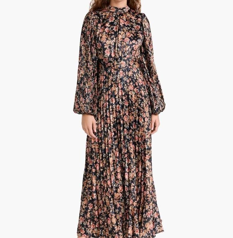 Elegant Floral Print Pleated Maxi Dress