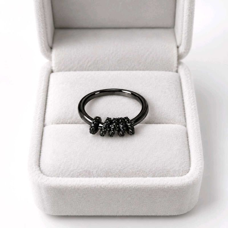 Chic Black Silver Ring with Sparkling Accents