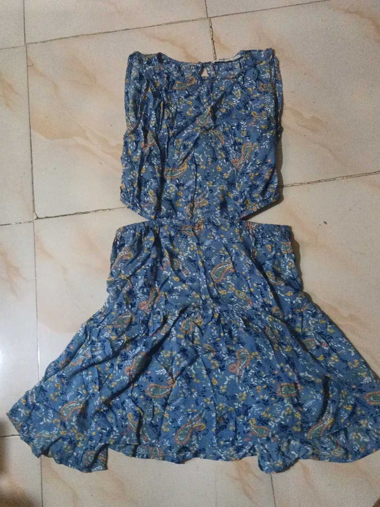 Blue Floral Cut-Out Midi Dress