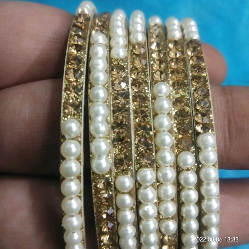 beautiful metal bangles combo with pearl n stone