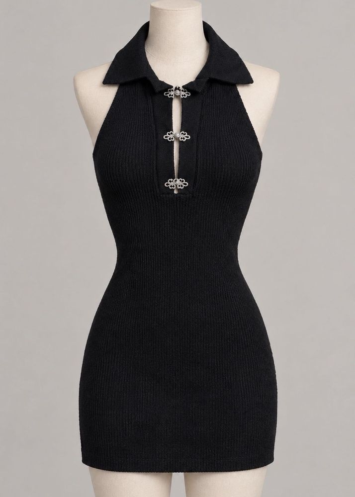 Black Ribbed Collared Halter Dress