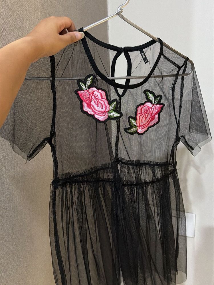 Sheer Black Mesh Top with Rose Appliques