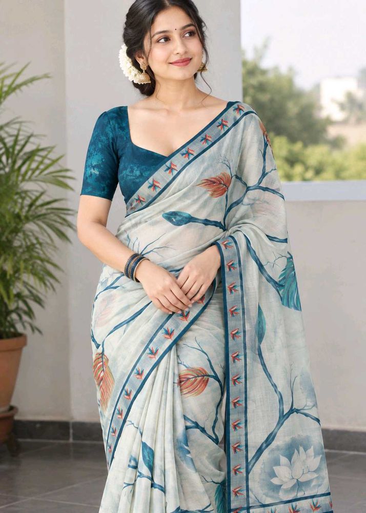 Elegant Blue Tree Print Saree