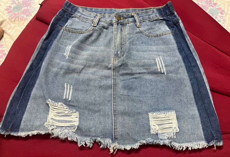 Distressed Denim Skirt with Side Stripes