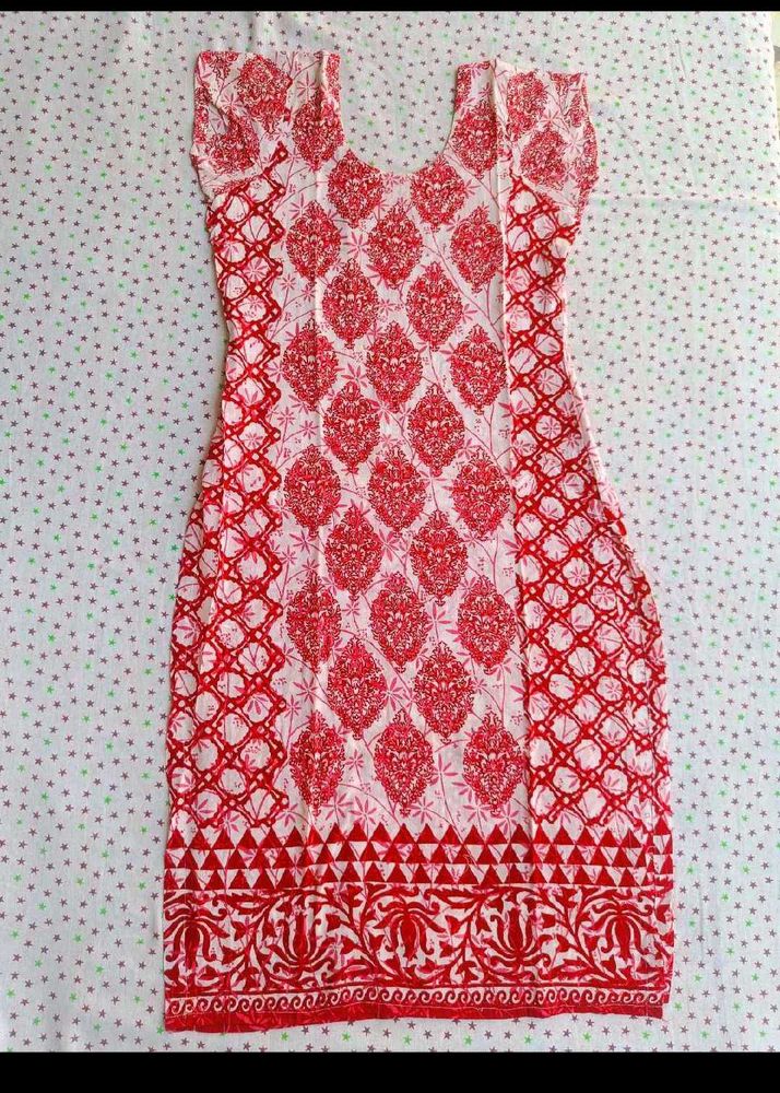 Pink Floral Kurta with Red Border and Leggings
