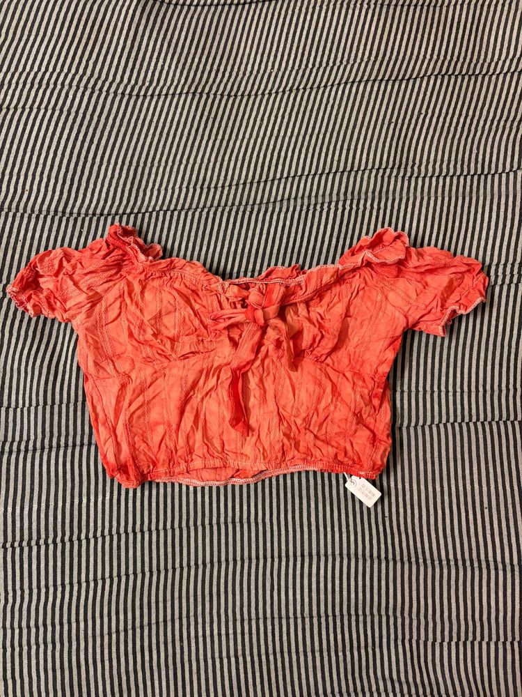 Coral Off-Shoulder Smocked Top
