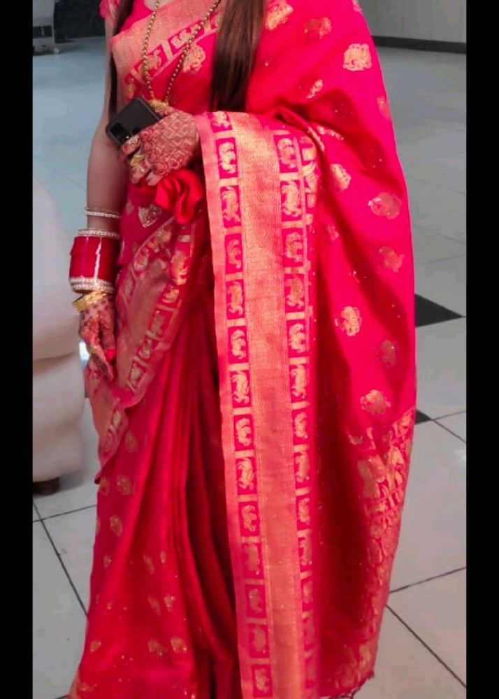 🔥SALE🔥Elegant Pink Banarasi Silk Saree with Gold