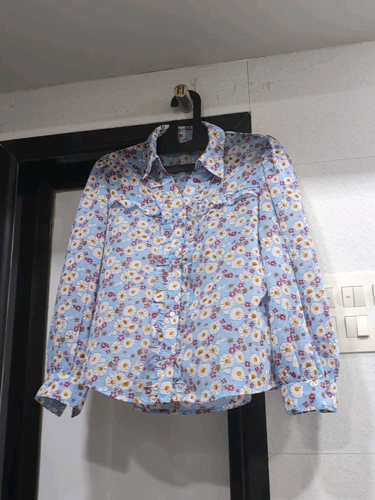 Blue Floral Print Button-Down Shirt