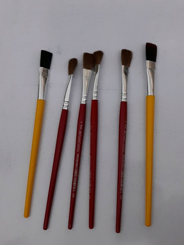 6 Flat Brushes From Faber Castle And Camlin, Synthetic And Pony Hair