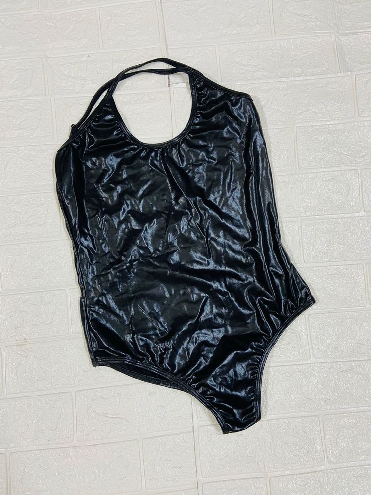 Shiny Black Halter Neck One-Piece Swimsuit