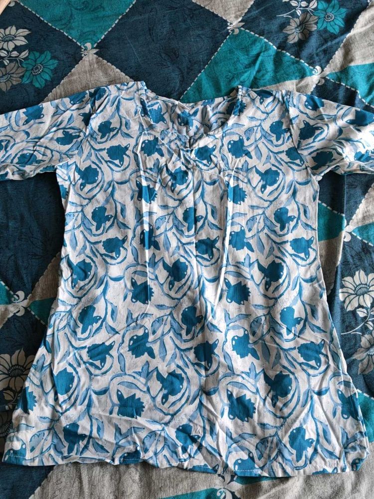 Blue Floral Print Cotton Kurta