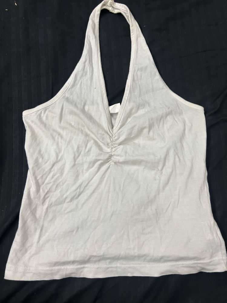 White Halter Neck Ruched Top