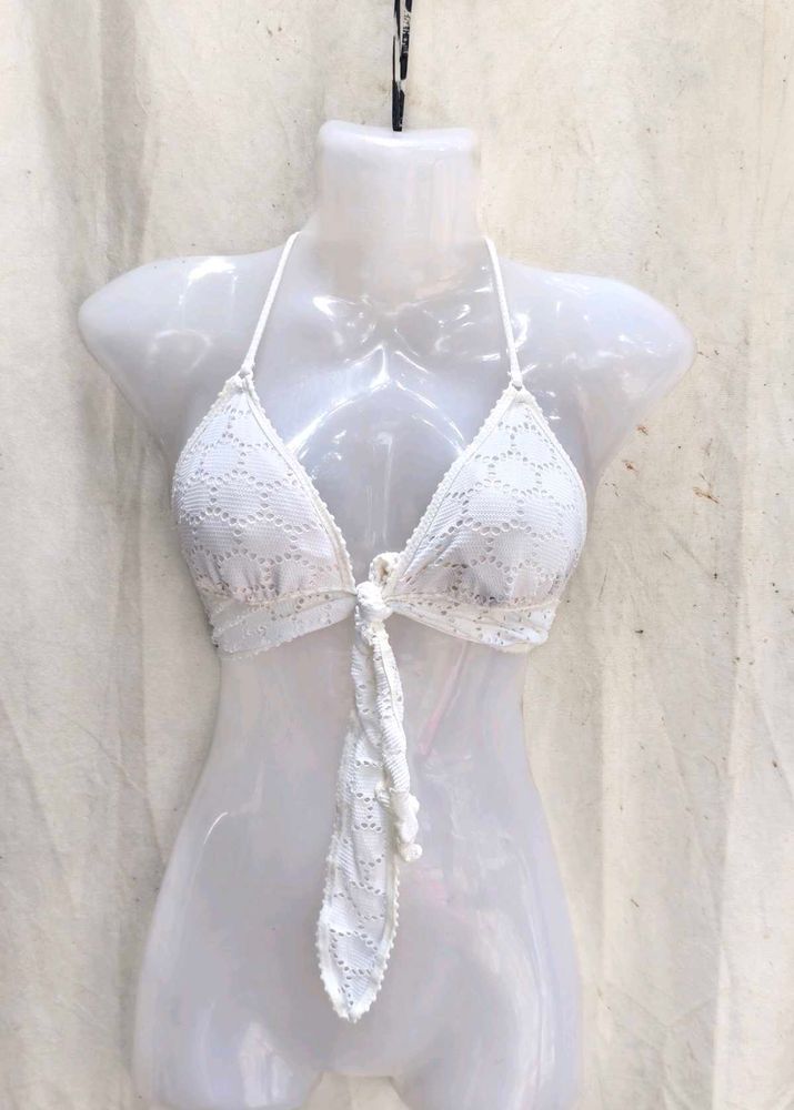 17V. White Crochet Halter Bikini Top