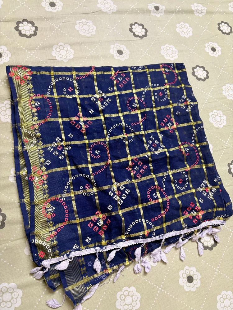 Blue Bandhani Scarf with Tassels