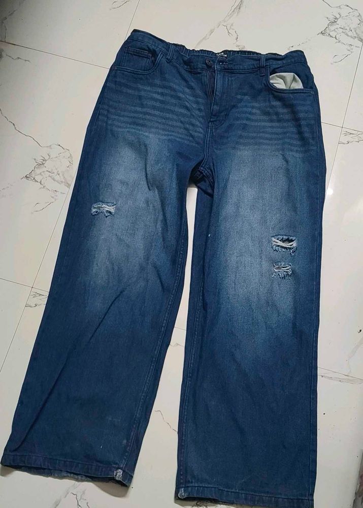 Blue Distressed Wide Leg Jeans