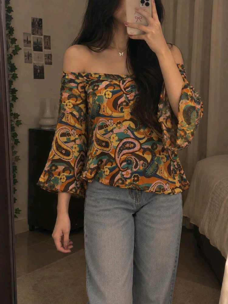 h&amp;m Vibrant Paisley Print Bell Sleeve Top