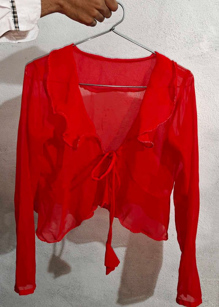 Red Sheer Tie Front Top