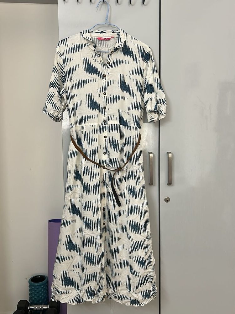 White &amp; Blue Printed Midi Dress with Belt