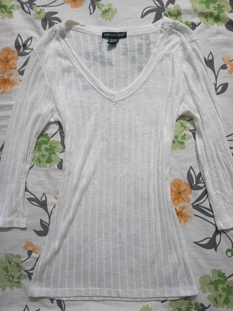 White V-Neck Ribbed Long Sleeve Top