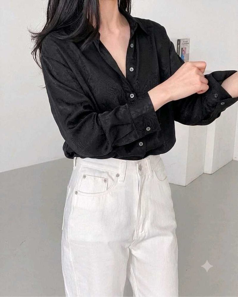 Korean Chic silk Black Textured Button-Up Shirt