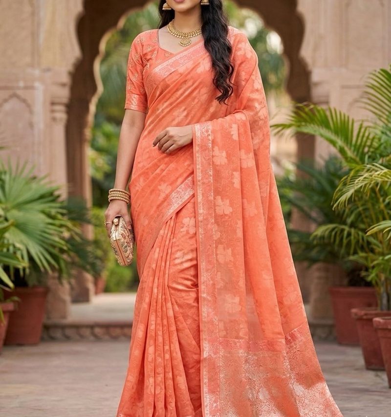 Elegant Peach Floral Saree