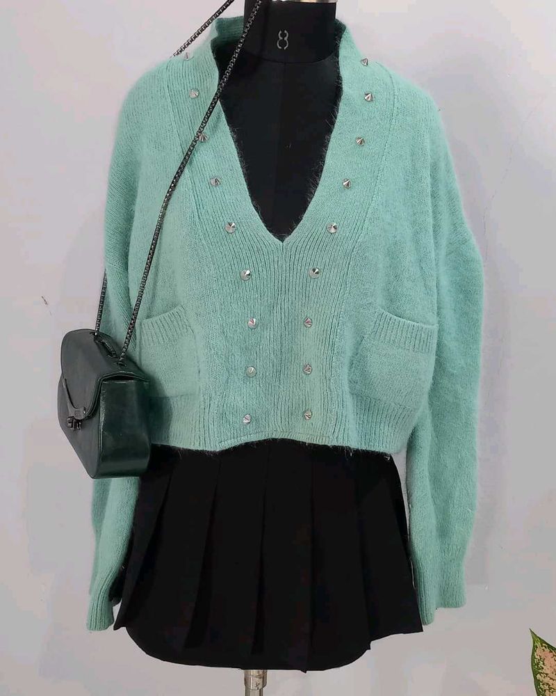 Mint Green Studded V-Neck Sweater