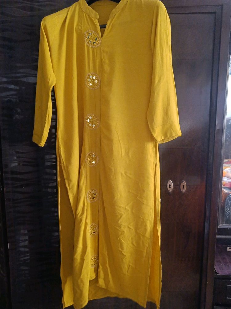 Stylish Mustard Yellow Long Kurti With Mirror Work