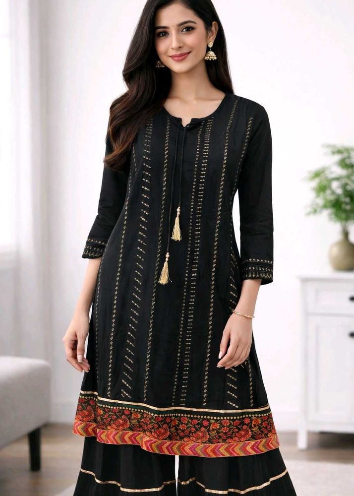 Black Embroidred Party Wear Kurta And Sharara Set