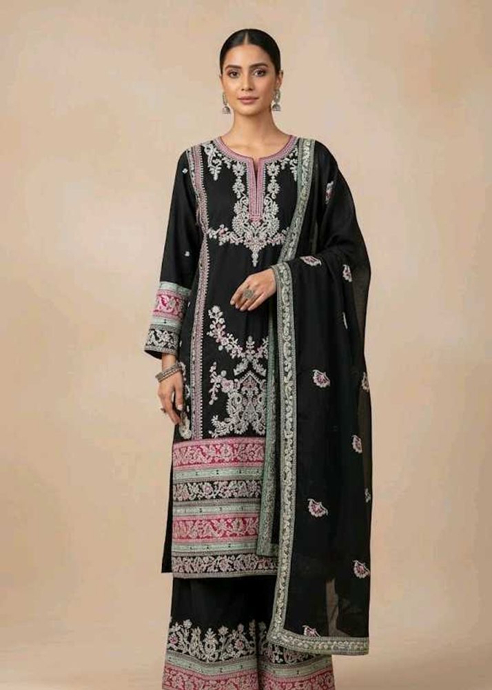 Sh'Arifa black embroidered 3 peice set