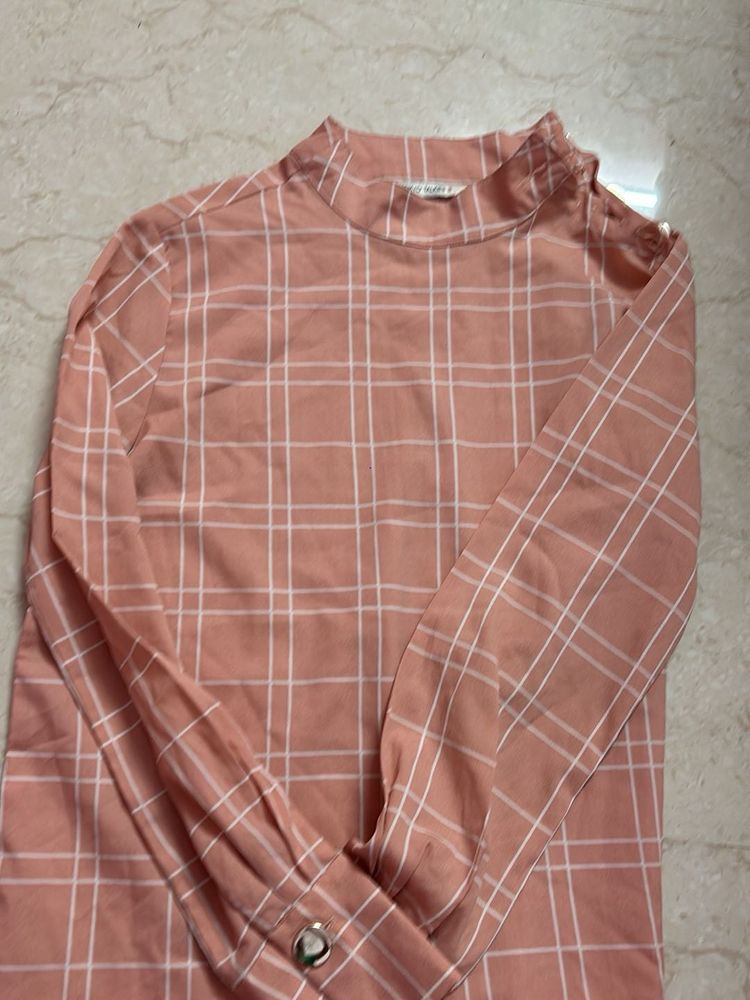 Elegant Pink Checkered High-Neck Top