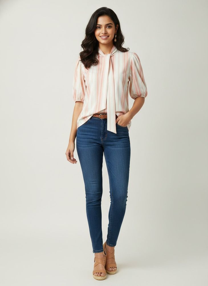 Striped Puff Sleeve Top with Tie Neck
