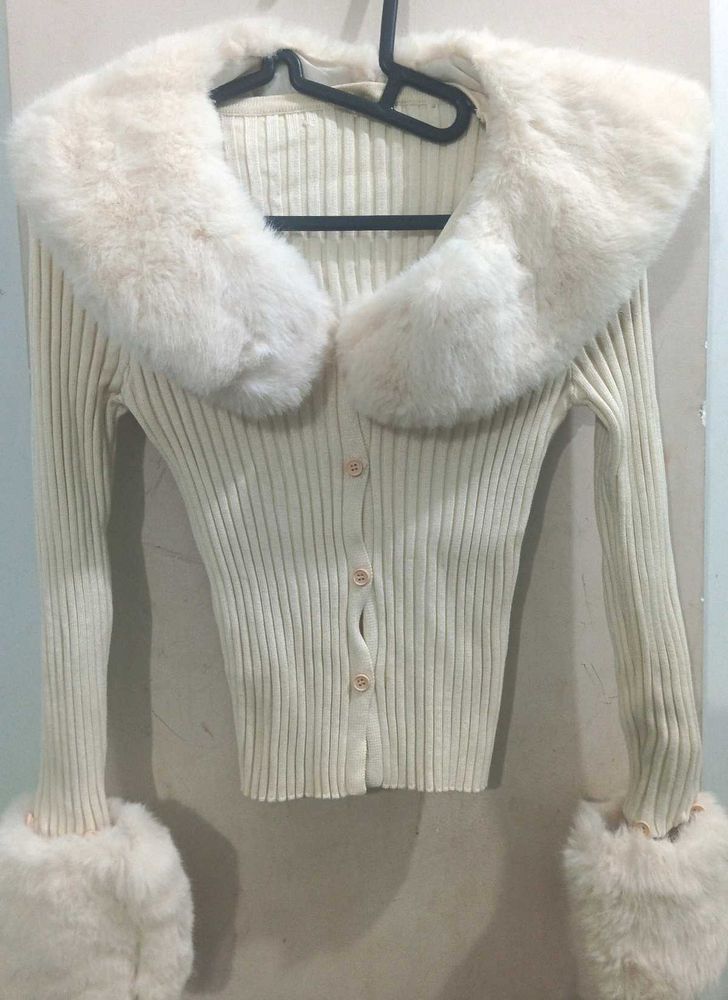 Cream Knit Cardigan with Fur Trim