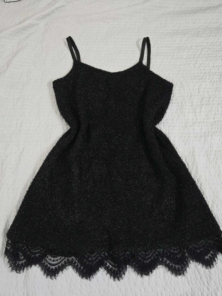 Black Textured Lace Trim Mini Dress bust 36