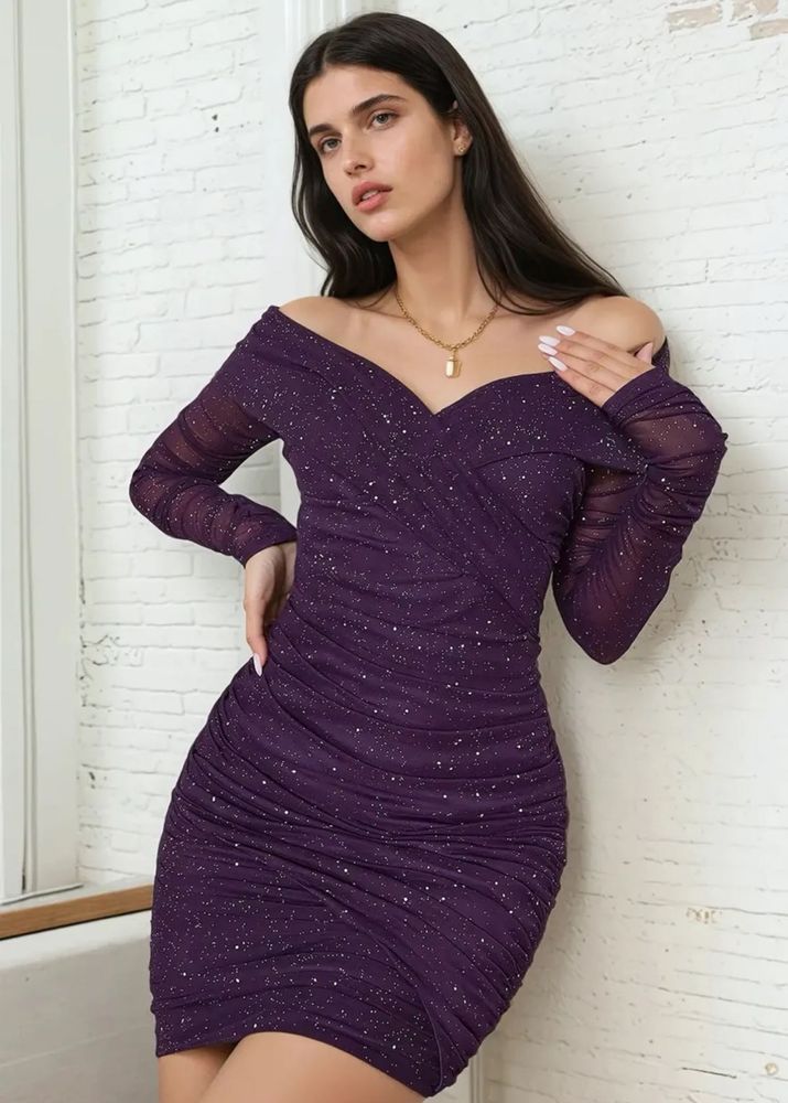 Sparkly Purple Off-Shoulder Bodycon Dress