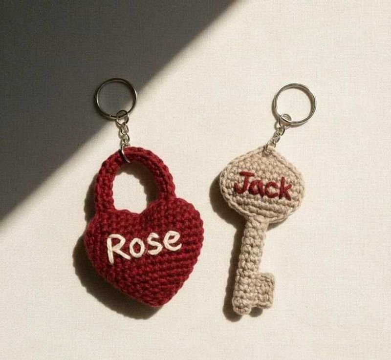 Crocheted Heart &amp; Key Couple Keychains