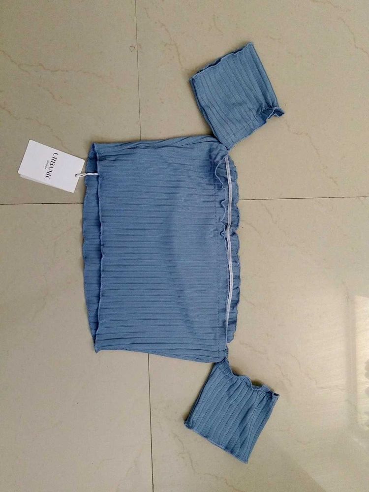 Blue Ribbed Off-Shoulder Top